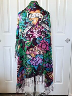 Ed Hardy by Christian Audigier silk scarf Love Kills Slowly vibrant tattoo art
